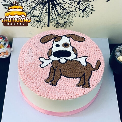 Bánh sinh nhật vẽ chú cún con dễ thương gặm xương