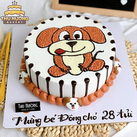 Bánh sinh nhật vẽ hình những con chó con dễ thương màu nâu
