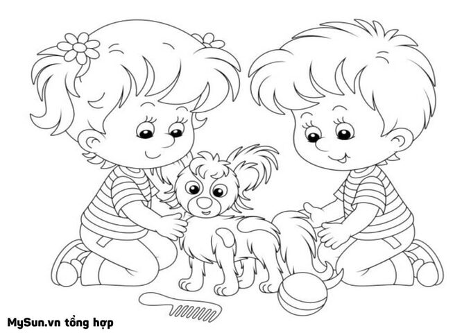 bé tập tô màu và vẽ tranh hình con chó vui vẻ
