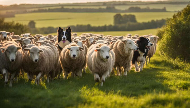 Chó Border Collie thông minh đang thực hiện nhiệm vụ chăn dắt đàn cừu