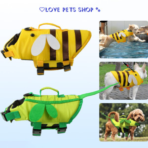 Chó Labrador vui vẻ bơi lội với áo phao bơi màu vàng hình ong