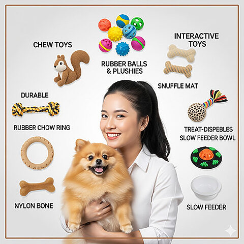 Chó Phốc Sóc vui vẻ với đồ chơi gặm nhai và bóng