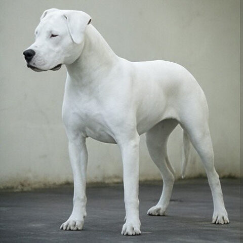 Chú chó Dogo Argentino với bộ lông trắng muốt, cơ bắp săn chắc, toát lên vẻ đẹp mạnh mẽ và kiêu hãnh của giống chó thuần chủng.