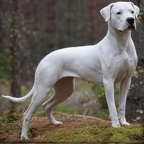 Dogo Argentino đứng vững chãi trên nền đất rừng, dáng vẻ mạnh mẽ và cơ bắp phát triển tốt, sẵn sàng cho mọi hoạt động thể chất.