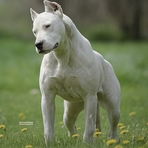 Dogo Argentino đứng vững chãi trên thảm cỏ xanh mướt, dáng vẻ oai phong và cơ bắp cuồn cuộn, phản ánh nguồn gốc chó săn.
