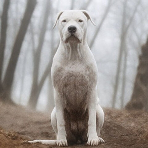 Dogo Argentino với thân hình vạm vỡ, cơ bắp cuồn cuộn, ngồi trầm tĩnh giữa khung cảnh rừng cây mờ sương, thể hiện sự mạnh mẽ tiềm ẩn.