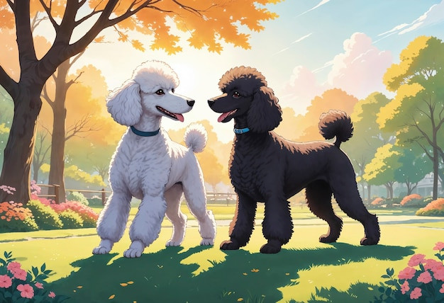 Hai Poodle vui vẻ tung tăng trong công viên