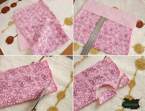 Hình ảnh minh họa các bước đo và cắt vải để may áo cho chó từ áo cũ