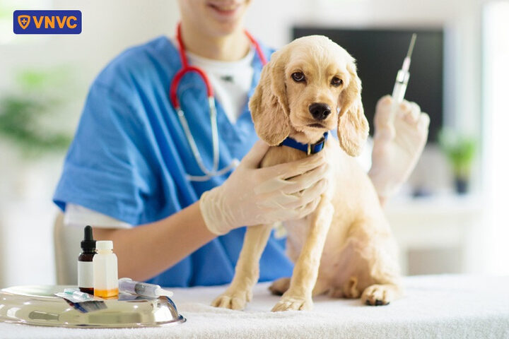 Tiêm phòng dại cho chó cảnh: Bác sĩ thú y đang tiêm vắc xin cho một chú chó con, nhấn mạnh tầm quan trọng của việc tiêm phòng dại.