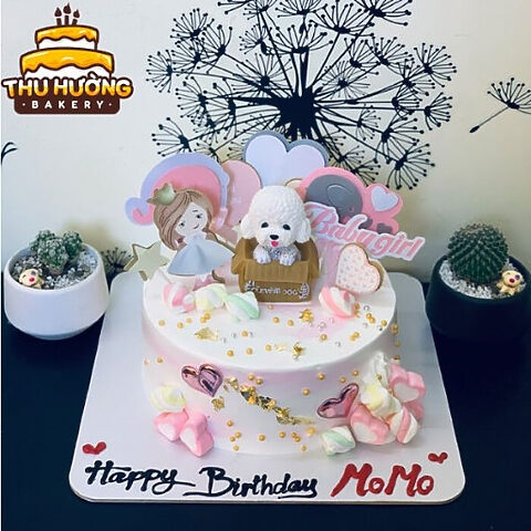 Trang trí bánh sinh nhật những con chó con dễ thương với màu hồng đáng yêu