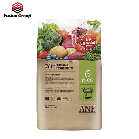 Túi thức ăn hạt ANF cho chó Organic 6Free vị Cừu 2kg, minh họa dinh dưỡng cao cấp.